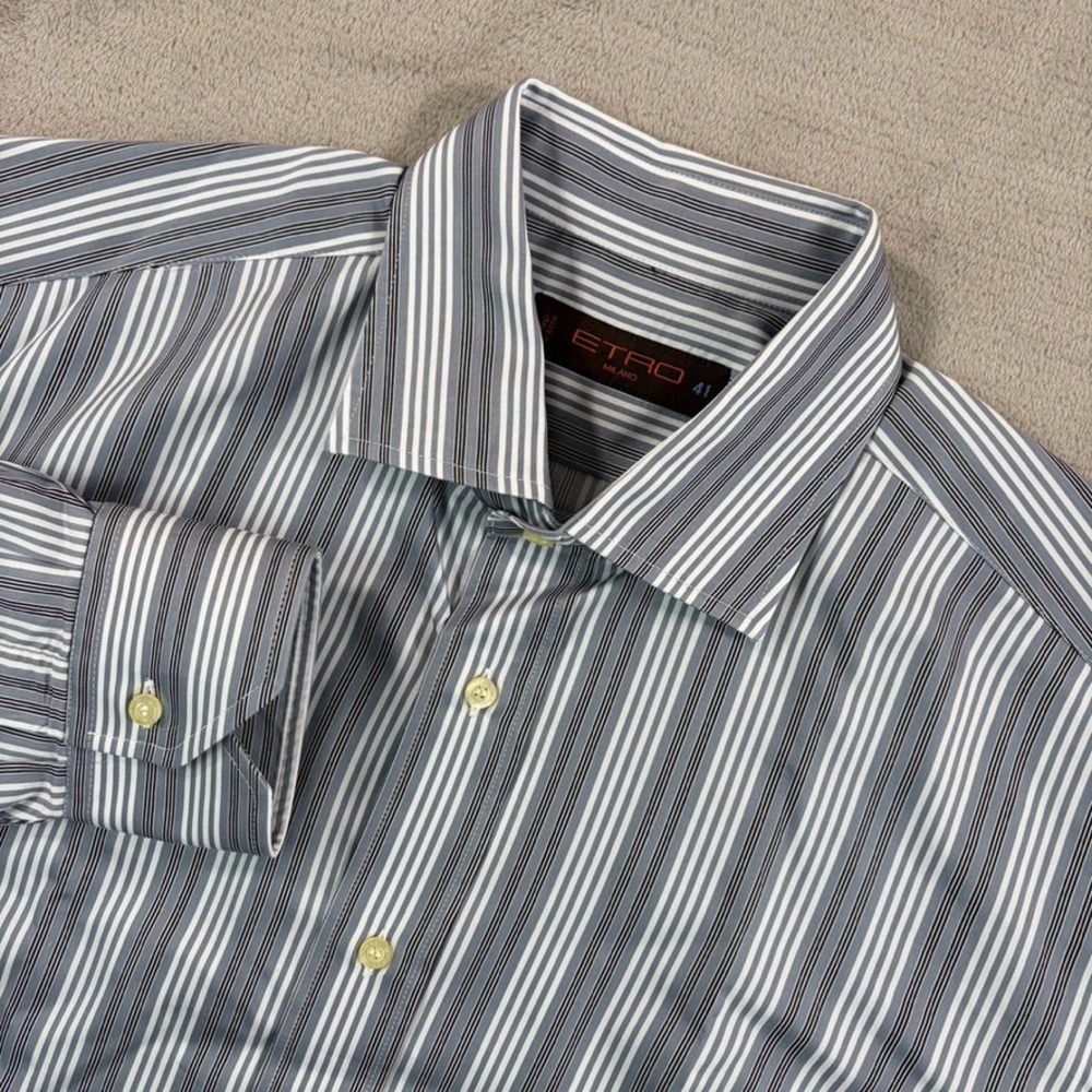 ETRO Milano Dress Shirt Men 41 16 Grey Black Striped Made in Italy Designer